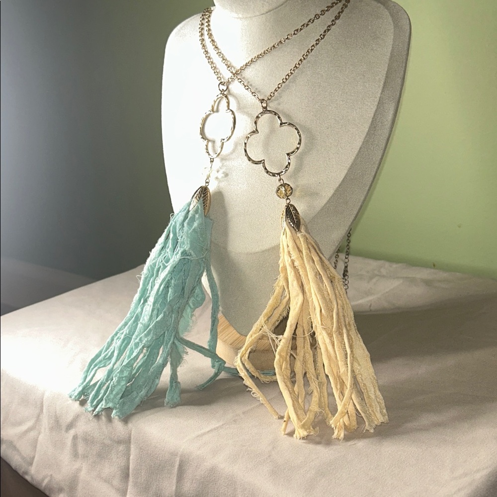 Gold Chain Necklace with Blue and Cream Tassels